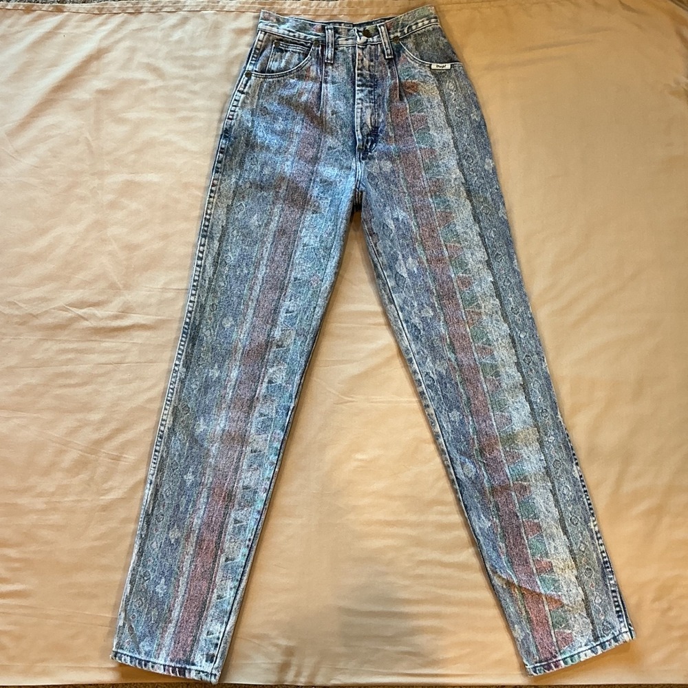Vntg Wrangler Rialta Aztec High-Rise Bareback Jeans Womens 7 Made in USA Western